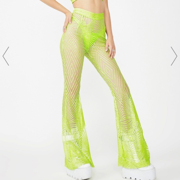 Dolls Kill Pants & Jumpsuits Lime Glitter Flares Elsie And Fred